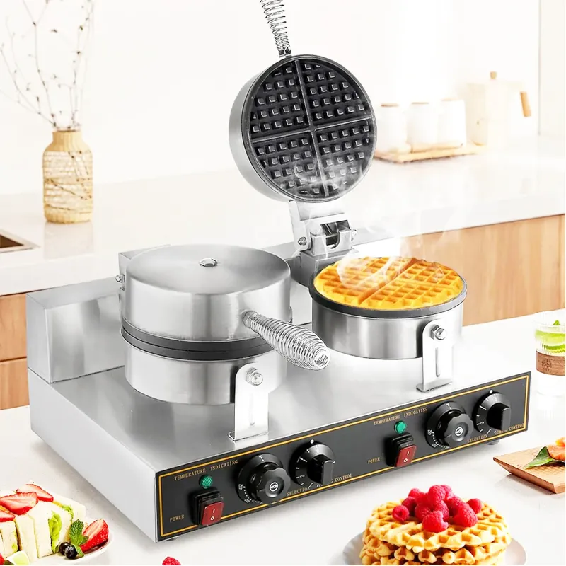 Commercial Waffle Maker Double Heads Waffle Machine Non-Stick Round Waffle Maker Professional Crispy Machine