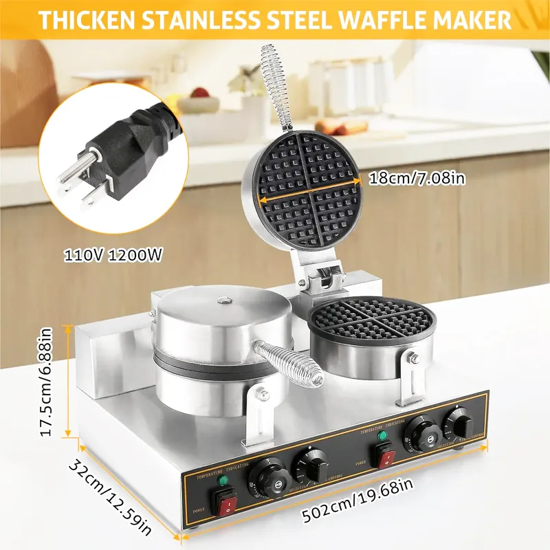 Commercial Waffle Maker Double Heads Waffle Machine Non-Stick Round Waffle Maker Professional Crispy Machine